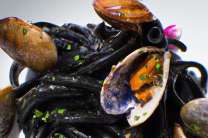 Ocean’s Bounty: Squid Ink Pasta with Clams & Scallops Delight